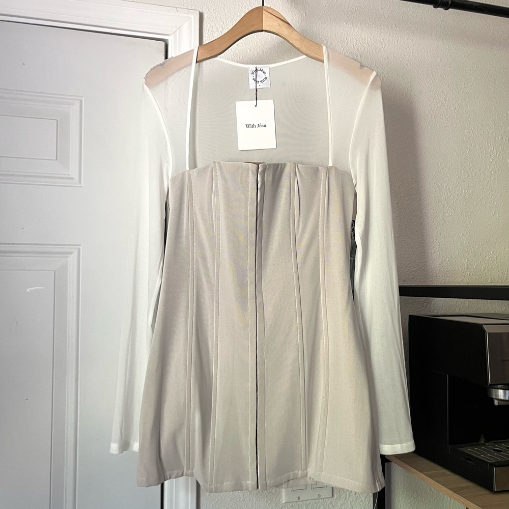 NWT WITH JEAN white tan mesh sheer‎ corset bustier boned long sleeve mini dress